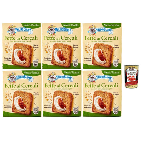 Mulino Bianco Zwieback Mulino Bianco Fette biscottate ai cereali 6x 315g Getreide Zwieback, Frühstückskekse, Zwieback kekse gebackenem Brot Original italienisch inkl. Italian Gourmet Polpa 400g 8032804040014