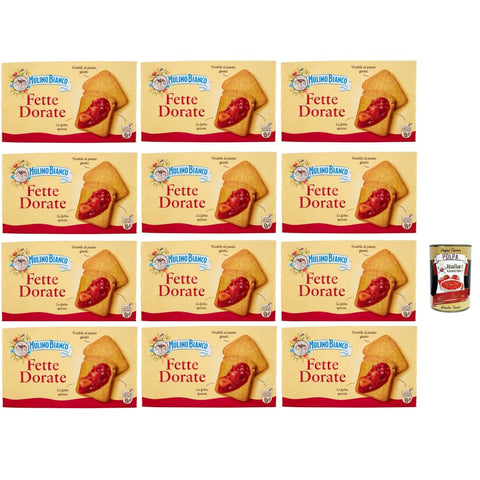 Mulino Bianco Zwieback Mulino Bianco Fette Biscottate Dorate, Frühstückskekse, Zwieback kekse gebackenem Brot 12x 630g Original italienisch inkl. Italian Gourmet Polpa 400g 8032804040014