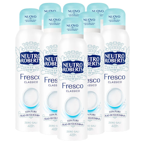 Neutro Roberts Deo - Spray, frisch, blau, klassisch, Deo, 48 Stunden, ohne Aluminiumsalze, für natürliches Hauttransport, staubfreie Formel hinterlässt keine Flecken auf der Kleidung - 8 Flaschen à 150 Original italienisch