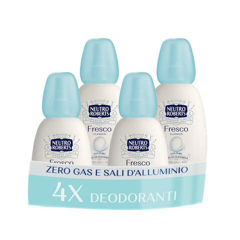 Neutro Roberts Vapo Lufterfrischer, klassisch, ohne Aluminiumsalze, mit reinem Glycerinöl, Deodorant für Damen und Herren, 100% recycelter Kunststoff, kein Gas, 48 h - 4 Stück à 75 ml Original italienisch