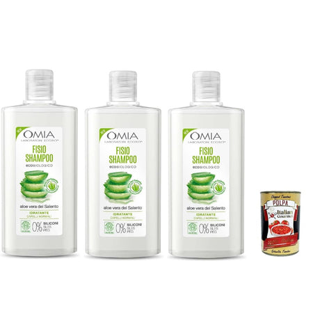 Omia Shampoos Omia Fisio Eco Bio Shampoo, Mit Aloe Vera, für normale Haare, Feuchtigkeit und Balancing, geeignet für häufige Verwendung, ohne Silikone, 3x 200 ml Original italienisch inkl. Italian Gourmet Polpa 400g 8021983812680