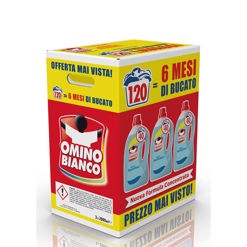 Omino Bianco Spezialwaschmittel Omino Bianco Flüssigwaschmittel 120 Waschgänge respektiert Farben und Stoffe frischer Duft mit weißer Moschus Essenz x 3 2000 ml italienisch Original 8003650011022