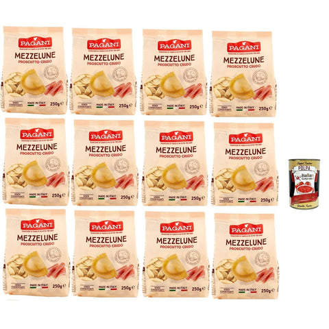 Pagani Längliche Pasta Pagani Pasta all' Uovo Mezzelune con Prosciutto Crudo, Eiernudeln mit Parma ham, Pasta mit Ei 12x 250g Original italienisch inkl. Italian Gourmet Polpa 400g 8032804040014