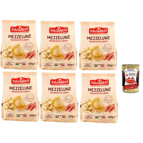 Pagani Längliche Pasta Pagani Pasta all' Uovo Mezzelune con Prosciutto Crudo Eiernudeln mit Parma ham Pasta mit Ei 6x250 g italienisch Original + kostenlos polpa 400 g 0