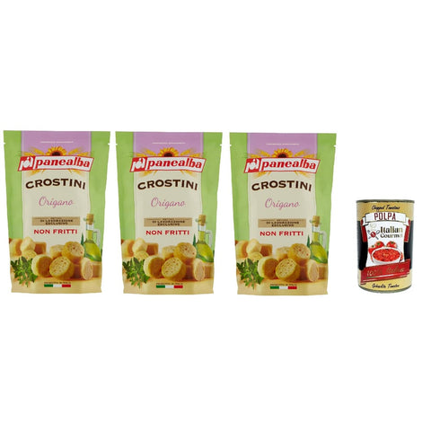 Panealba Chips Panealba Crostini Origano Croutons mit Oregano Gesalzener Snack Nicht Gebraten Nicht Frittiertes 3x 100g Original italienisch inkl. Italian Gourmet Polpa 400g 8032804040014