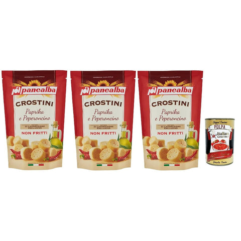 Panealba Chips Panealba Crostini Paprika e Peperoncino Croutons mit Paprika and Chilli Gesalzener Snack Nicht Gebraten Nicht Frittiertes 3x 100g Original italienisch inkl. Italian Gourmet Polpa 400g 8032804040014