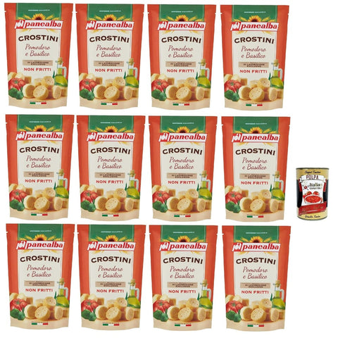 Panealba Chips Panealba Crostini Pomodoro e Basilico Croutons mit Tomate und Basilikum Gesalzener Snack Nicht Gebraten Nicht Frittiertes 12x 100g Original italienisch inkl. Italian Gourmet Polpa 400g 8032804040014
