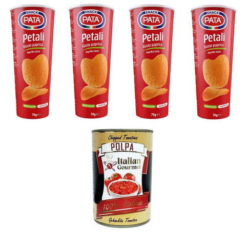 Pata Petali Chips Pata Petali gusto paprica Blütenblätter mit Paprikageschmack 4x70 g italienisch Original Pastasauce + kostenlos Polpa 400 g 8032804040014