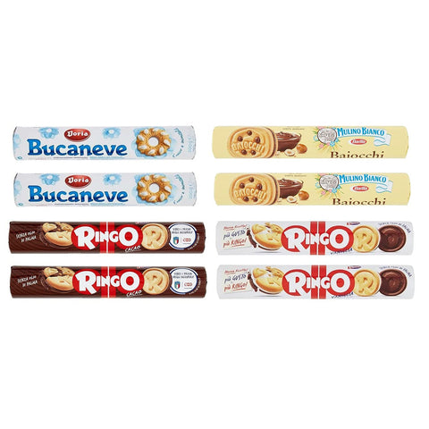 Pavesi Testpaket Tube Kekse Pavesi Ringo Kakao ( ) + Pavesi Ringo Vanille ( ) + Baiocchi mit Haselnuss und Kakaocreme ( ) + Doria Bucaneve ( ) 2 x 165g 2 x 168g 2 x 200g Original italienisch