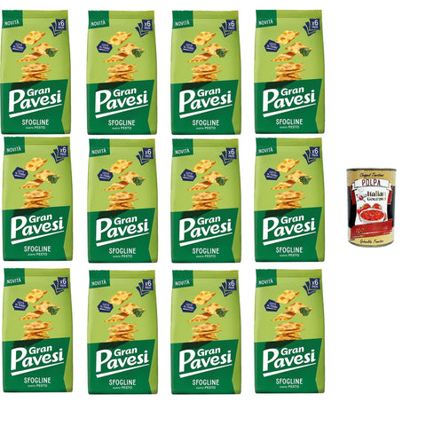 Pavesi Gran Sfogline Snack croccante di pasta sfoglia al gusto di Pesto Sfogline Knuspriger Blätterteig Snack mit Pesto Geschmack, gebacken 12x180 gr italienisch Original