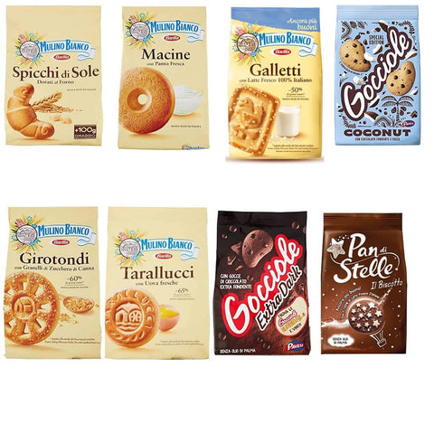 Pavesi Barilla Kekse Gocciole Dark Coconut biscuits + Mulino Bianco Pan di stelle Tarallucci Spicchi di sole Girotondi Galletti macine 350 g italienisch Original
