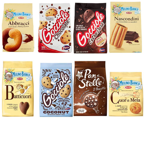 Pavesi Barilla Kekse Gocciole Testpaket Chocolate Dark Coconut biscuits + Mulino Bianco Pan di stelle Abbracci Nascondini Cuori di Mela Batticuori 350 g italienisch Original