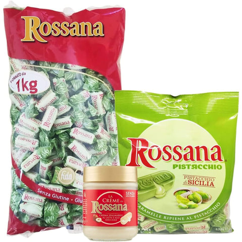 Perugina Knabberartikel Perugina Rossana Tris Pack 1x Pistazie Bonbons Beutel 1x Bonbons Beutel 1x Streichcremetiegel 1 kg + 135 g italienisch Original 8006150001333