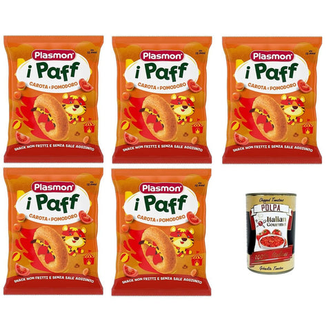Plasmon Snack i Paff Karotten und Tomaten, 15 g, 5 Packungen. Snacks, nicht frittiert und ohne Salzzusatz, perfekt für die kleinen Hände Ihres Kindes italienisch Original
