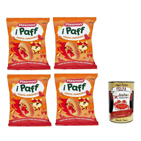 Plasmon Kekse, Zwieback & Chips Plasmon snack Pomodoro e Carota 4x 15g Original italienisch inkl. Italian Gourmet Polpa 400g 8032804040014