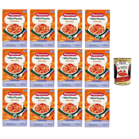 Plasmon Menüs Plasmon la Mini Pasta Pennette die Mini -Stifte Pennette Pasta für Babys ab 10 Original italienisch inkl. 12x 300 g + Italian Gourmet Polpa 400g 8032804040014