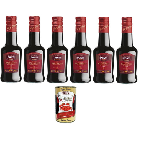 Ponti Essig Ponti Aceto Balsamico Modena IGP Etichetta Rossa, Balsamico-Essig aus Modena IGP Rotes Etikett, 6x250ml Original italienisch inkl. Italian Gourmet Polpa 400g 8032804040014
