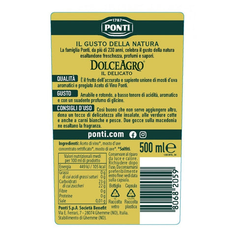 Ponti Essig Ponti Dolceagro Condimento Delicato Amabiles und runder Geschmack geringer Säure verleiht Salaten Gemüse Fleisch und Fisch einen Hauch von Delikatesse 6x500 ml 80682059