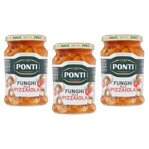 Ponti Gemüsegerichte Ponti Funghi Prataioli alla Pizzaiola in Olio di Semi di Girasole Pizzaiola-Pilze in Sonnenblumenöl Glas 280 g 3x italienisch Original