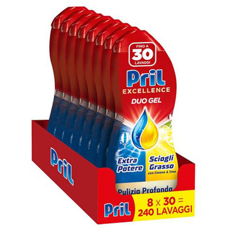 Pril Duo Gel Geschirrspülmittel Gel, Fettlösung, mit Zitrone, 8 Packungen mit je 30 Waschgänge, insgesamt 240 Waschgänge Original italienisch