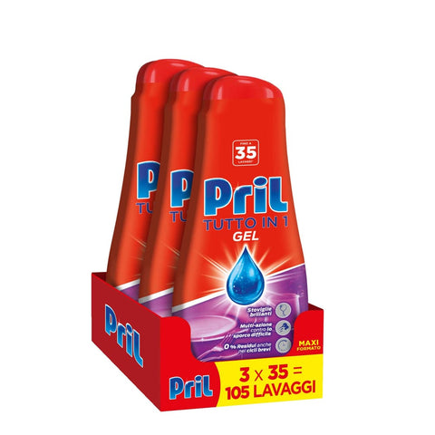 Pril Spülmaschinenreinigung Pril Gel All in One Fettlösung, Geschirrspülmittel, Flüssig, Multi-Aktion, hartnäckiger Schmutz - 3 Packungen zu je 35 Wäschen (105 Waschladungen) Original italienisch 8015100577200