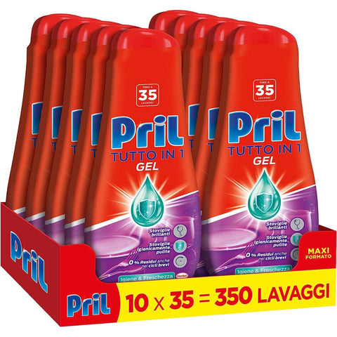Pril Gel All in One Hygiene, flüssiges Geschirrspülmittel mit Bicarbonat, Multi Action Schmutz, schwierig, 10 Flaschen mit je 35 Waschgängen (350 Waschladungen) italienisch Original