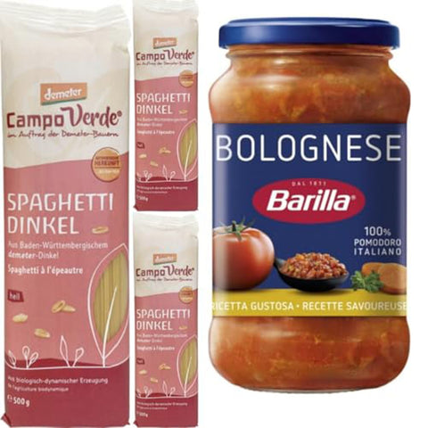 Pufai Pastasaucen Pufai Mit Grocery, Campo Verde Demeter Spaghetti Dinkel 500 Gramm x 3er Original italienisch inkl. Barilla Nudelsauce Bolognese Soße Pasta-Sauce 400 gramm 9042321323407