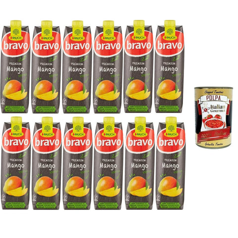 Rauch Energy Drinks Rauch Bravo Premium Exotic Mango, mit Vitamin C, ohne Farbstoffe, ohne Konservierungsstoffe, 12x1lt Original italienisch inkl. Italian Gourmet Polpa 400g 8032804040014
