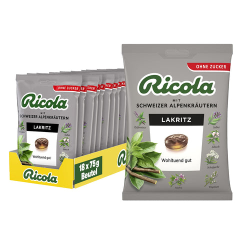 Ricola Lakritz, 18 Beutel Schweizer Kräuter - Bonbons mit 13 Schweizer Alpenkräutern, zuckerfrei, für wohltuenden Genuss 18 x 70g Original italienisch