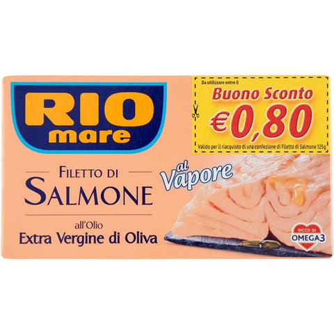 Rio Mare Oliven Rio Mare Filetto di Salmone cotto al vapore all'Olio Extra Vergine di Oliva Gedämpftes Lachsfilet mit nativem Olivenöl extra 125g reich an Omega 3 6x Original italienisch 8004030525047