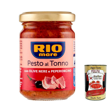 Rio Mare Pesto Rio Mare Pesto al Tonno con Olive Nere e Peperoncino, Thunfischpesto kochsauce mit schwarzen Oliven und Chili 130g 3x Original italienisch inkl. Italian Gourmet Polpa 400g 8004030506114