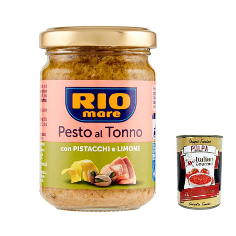 Rio Mare Pesto Rio Mare Pesto al Tonno con Pistacchi e Limone, Thunfischpesto kochsauce mit Pistazien und Zitrone 130g 12x Original italienisch inkl. Italian Gourmet Polpa 400g 8004030506077