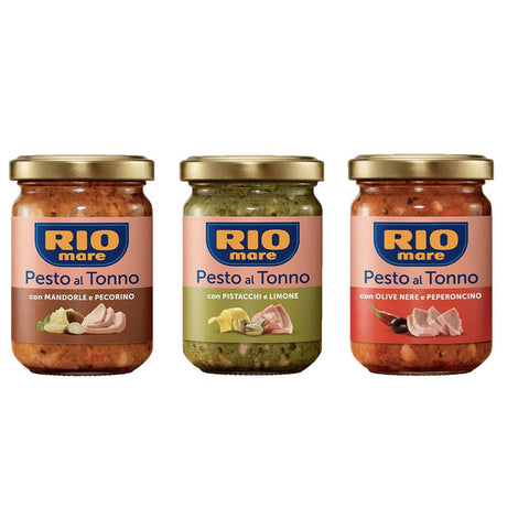 Rio Mare Pesto TESTPAKET Rio Mare Pesto al Tonno Thunfischpesto mit Mandeln und Pecorino - mit Pistazien und Zitrone - mit schwarzen Oliven und Chili ( 3x130 G ) italienisch 8004030506091