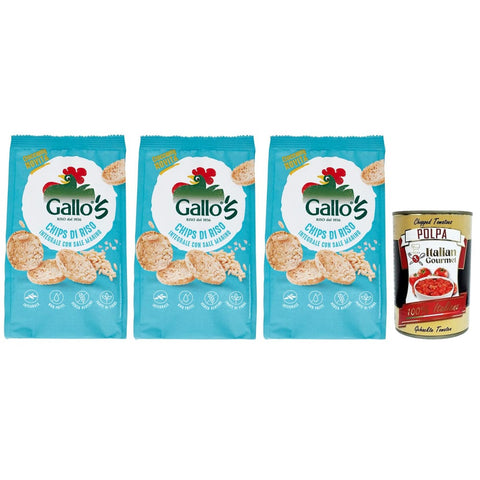 Riso Gallo Chips Chips Riso Gallo Chips con Riso Integrale e Sale Marino,Snack mit Braunem Reis und Meersalz,40g-Beutel 3x Original italienisch inkl. Italian Gourmet Polpa di Pomodoro 400g Dose 8001420011753