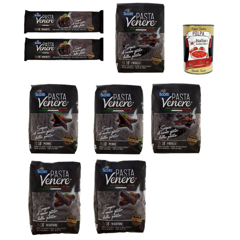 Riso Scotti Längliche Pasta Riso Scotti Pasta Venere Testpaket Spaghetti - Fusilli - Penne, Rigatoni, Pasta aus Hartweizengrieß und Schwarzem Venere-Vollkornr'eismehl,Packung mit 8x 400g Original italienisch inkl. Italian Gourmet Polpa 400g 8032804040014