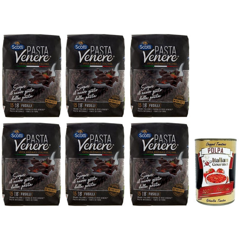Riso Scotti Nudeln & Pasta Riso Scotti Pasta Venere Fusilli,Pasta aus Hartweizengrieß und Schwarzem Venere-Vollkornreismehl,Packung mit 400g 6x Original italienisch inkl. Italian Gourmet Polpa di Pomodoro 400g Dose 8001860184833