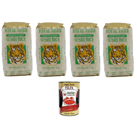 Royal Tiger Riso Reis Royal Tiger Riso per Sushi Premium Quality Royal Tiger Sushi-Reis in Premiumqualität 4x1kg Original italienisch inkl. Italian Gourmet Polpa di Pomodoro 400g Dose 8032804040014