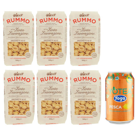 Rummo 6er - Pack Rummo Pasta Orecchiette N°87, Italienische Nudeln aus Hartweizengrieß, 500g + 1er - Pack Kostenlos Yoga Eistee Pfirsich Dose 330ml Original italienisch