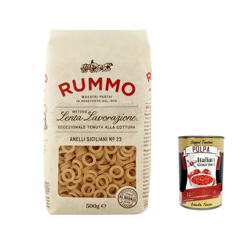 Rummo Anelli siciliani N°23 Pasta Lenta Lavorazione Teigwaren aus Hartweizengrieß Bronze-Zeichnung 500 g 5x italienisch Original + kostenlos polpa 400 g
