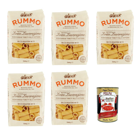 Rummo Mezzi Rigatoni N. 51, Pasta Lenta Lavorazione Teigwaren aus Hartweizengrieß Bronze Zeichnung 5x500g Original italienisch