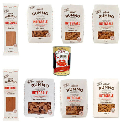 Rummo Testpaket Pasta Integrale, Vollkornnudeln Nudeln Vollkorn Italienische Pasta 8x500 g Original + kostenlos polpa 400 g