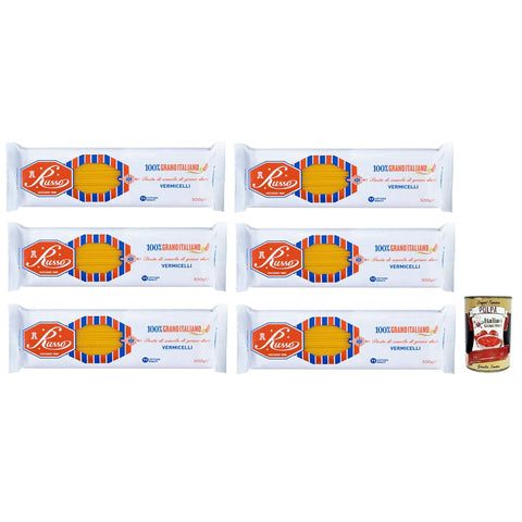 Russo Kurze Pasta Russo Vermicelli N°70 Hartweizengrieß Pasta,100% Italienischer Weizen,500g-Packung 6x Original italienisch inkl. Italian Gourmet Polpa di Pomodoro 400g Dose 8000139923265