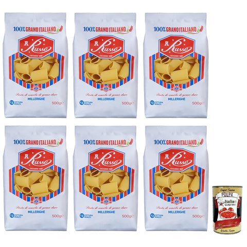 Russo Millerighe N°26 Hartweizengrieß Pasta 100% Italienischer Weizen -Packung 500 g 6x italienisch Original + kostenlos Polpa di Pomodoro 400 g Dose