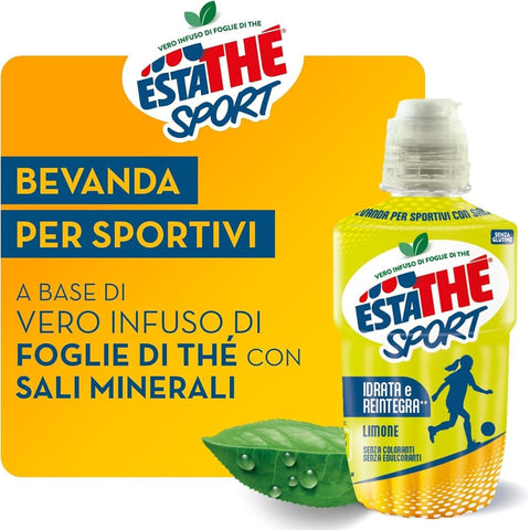 Estathè Sport Limone Erfrischendes Zitronengetränk mit Mineralien und praktischem Sportverschluss für Schule, Büro, Training, Fußball, Tennis und Fitness. 12 x 250 ml
