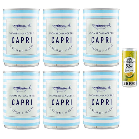San Benedetto Eistee San Benedetto 6er-Pack Capri Sgombro al Naturale, Natürliches Makrele, 425 g Dose + 1er-Pack Kostenlos San Benedetto Eistee mit Zitrone Ohne Zucker 330 ml Dose 8001620019573