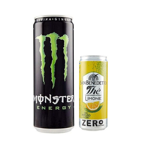 San Benedetto Pack Monster Original Energy Drink,Erfrischender alkoholfreier Energiegetränk der klassische Monster Geschmack, 24x500 ml Einwegdose + 1er Pack San Benedetto Eistee mit Zitrone Ohne Zucker 330 ml Dose italienisch