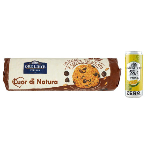 San Benedetto Pack Ore Liete Cuor di Natura Biscotti,Kekse mit Getreide und Schokoladentropfen,mit Vollkornmehl und ohne Zuckerzusatz,250 g + 1er Pack San Benedetto Eistee mit Zitrone Ohne Zucker 330 ml Dose italienisch Original