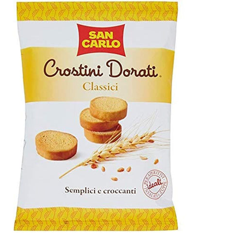 SAN CARLO Salzgebäck SAN CARLO Crostini Dorati Salzgebäck salziger Snack knuspriger Crouton Winzige Scheiben geröstetes und gebratenes Brot 14x 75g italienisch Original 8003130604515