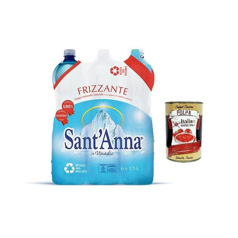 Sant'anna Kohlensäurehaltiges Wasser Sant'anna di Vinadio Acqua Frizzante Oligominerale,Oligomineral Sprudelwasser Einweg-PET-Flasche 1,5Lt 6x Original italienisch inkl. Italian Gourmet Polpa di Pomodoro 400g Dose 8032804040014