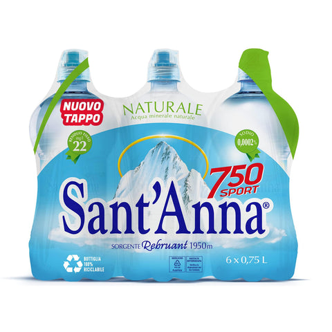 Sant'anna Acqua Sant'anna 750 Urban Sport, 0, 75 Liter Naturwasserflasche mit Thumb Up Deckel, natürliches Mineralwasser in Kunststoffflaschen, 100% recycelbar, 6 Flaschen à 0 75 l Original italienisch